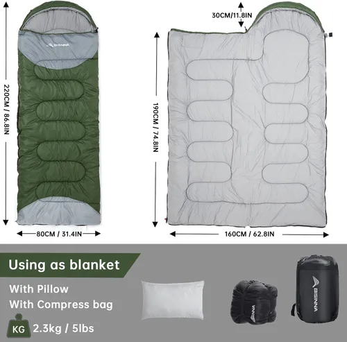 Miniatura 2 de BISINNA Saco de dormir de invierno de 0 grados (480GSM) para adultos, saco de dormir para acampar en clima frío, cómodo, cálido, portátil, con Verde