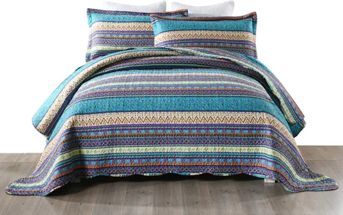 Miniatura 8 de MarCielo Juego de ropa de cama bohemia, colcha acolchada de 3 piezas, azul, King, poliéster