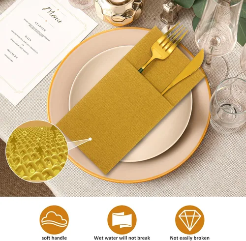 Miniatura 6 de Cindeer 75 piezas de servilletas doradas de lino con sensación de cena, con bolsillo plano incorporado para cubiertos, preplegadas, servilletas