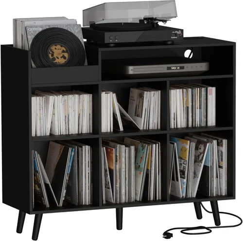 Cozy Castle Soporte grande para tocadiscos con armario de almacenamiento de vinilo, mesa giratoria de madera, soporte abierto para hasta 500 Negro