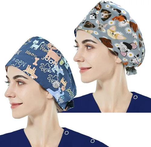 Miniatura 2 de niaahinn 2 gorras quirúrgicas ajustables con botón y banda para el sudor, de algodón, con lazo en la espalda, para hombres y mujeres (22037-22054)