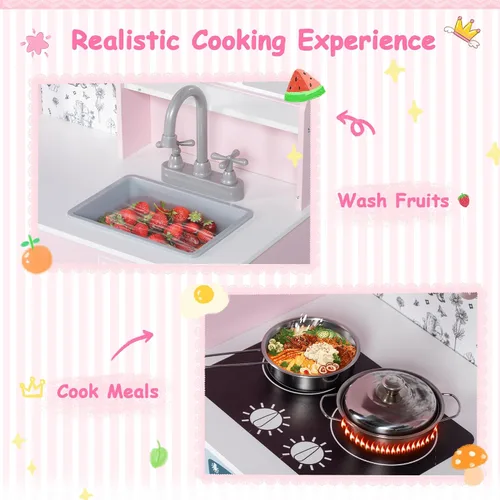 Miniatura 5 de BRINJOY Juego de cocina para niños, juego de cocina de madera para niños con grifo, fregadero, estufa, horno, ventana, utensilios de cocina, Rosa