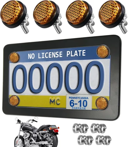 Miniatura 11 de Marco de matrícula de motocicleta con reflectores rojos, pernos y tuercas, kit de soporte de placa de acero inoxidable negro para motocicleta