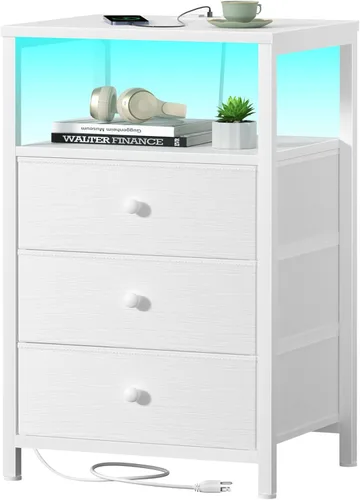 Miniatura 16 de BOLUO Cómoda alta con cajones, mesita de noche blanca con estación de carga y luz LED, cómoda pequeña de 4 cajones en blanco para dormitorio