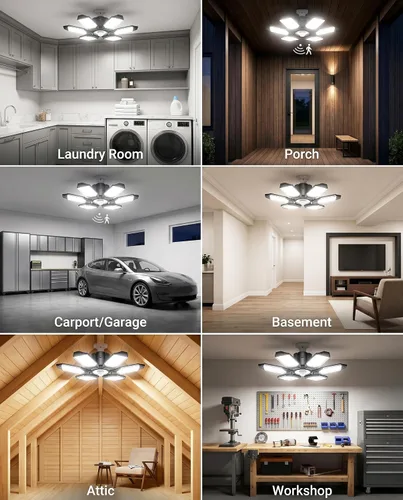 Miniatura 6 de BRAINIAC Bombillas LED de garaje de 100 W con 6 paneles ajustables, E26/E27 tornillo de enchufe, luz LED de techo de garaje deformable para almacén