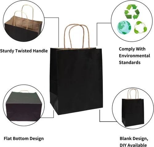 vanhel Paquete de 50 bolsas de papel kraft negras medianas: 8 x 4.25 x 10.5 pulgadas, bolsas de papel Kraft, bolsas de regalo con asas, adecuadas