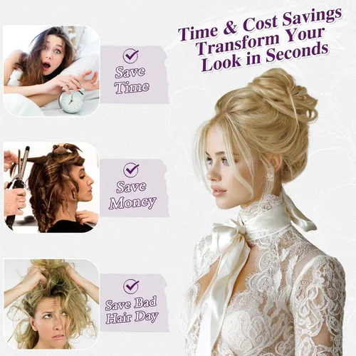 Miniatura 7 de BARSDAR Extensión de moño 100% humano – Cabello humano real rubio desordenado moño coletero para mujer – Extensiones elásticas onduladas