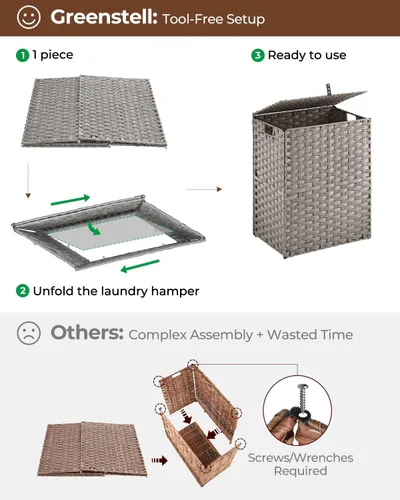 Miniatura 5 de Greenstell Cesta para la ropa sucia con 2 bolsas de forro extraíbles – Cesta de ropa dividida de 90 L, cesta de lavandería plegable de ratán Gris