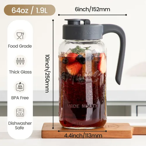 Miniatura 2 de Jarra Mason Jar de 64 onzas con tapa, boca ancha, jarra de agua de vidrio de 2 cuartos de galón con tapa, resistente, a prueba de fugas, té helado