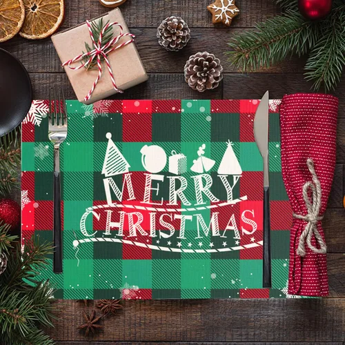 Miniatura 6 de Juego de 4 manteles individuales de Navidad, diseño de copos de nieve a cuadros, para mesa de comedor, impermeables, para decoración de mesa