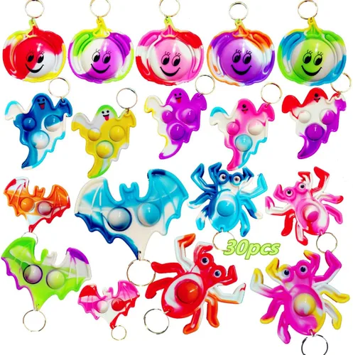 Paquete de 30 llaveros a granel para Halloween, fantasma, calabaza, araña, murciélago, burbujas, mini llavero, recuerdos de fiesta de Halloween,