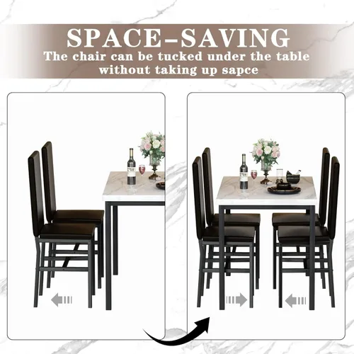 Miniatura 7 de Juego de mesa de comedor de 5 piezas Hooseng para 4 con tapa de mármol sintético y sillas de terciopelo, juego de mesa de cocina moderna que ahorra