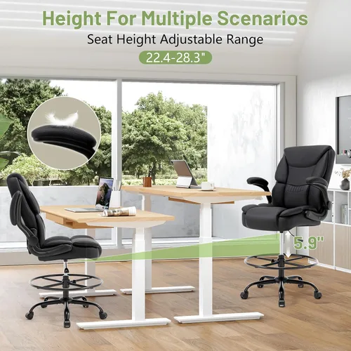 Miniatura 7 de Silla de Dibujo de 500 LBS, Silla de Escritorio de Pie Más Segura con Respaldo Alto, Silla de Oficina Alta Ejecutiva con Reposabrazos Abatibles
