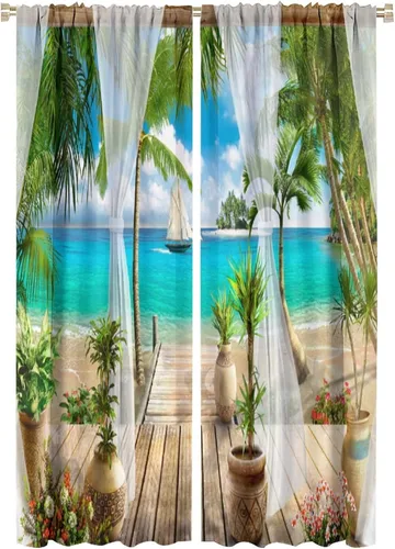 Miniatura 24 de Cortinas de playa con estampado de plantas tropicales y árboles de coco, paisaje natural, con bolsillo para barra, 2 paneles, decoración