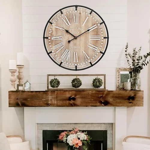 Miniatura 12 de EMAX HOME Reloj de pared grande de granja de 20 pulgadas, cara de grano de madera envejecida negra rústica con números romanos blancos, movimiento