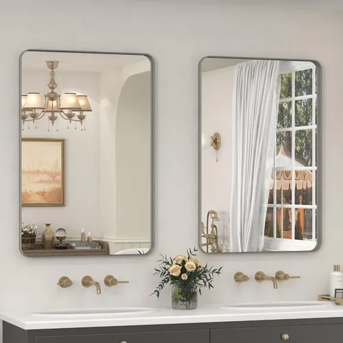 Miniatura 27 de Paquete de 2 espejos de baño con marco de metal negro de 22 x 30 pulgadas, espejo rectangular redondeado negro mate, antioxidante, se cuelga