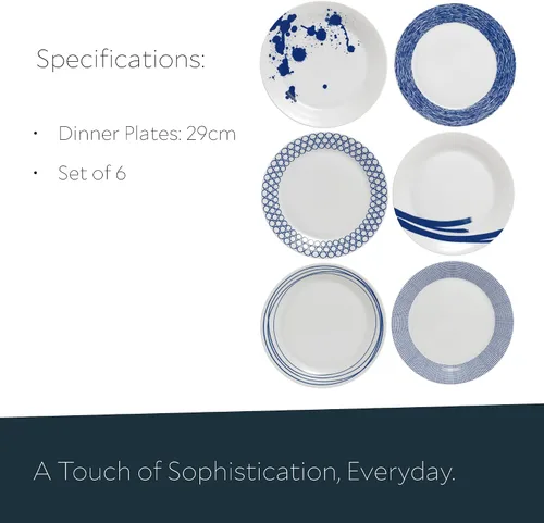 Miniatura 4 de Royal Doulton Pacific - Platos llanos con patrones mixtos, 11.4 pulgadas, azul/blanco, juego de 6