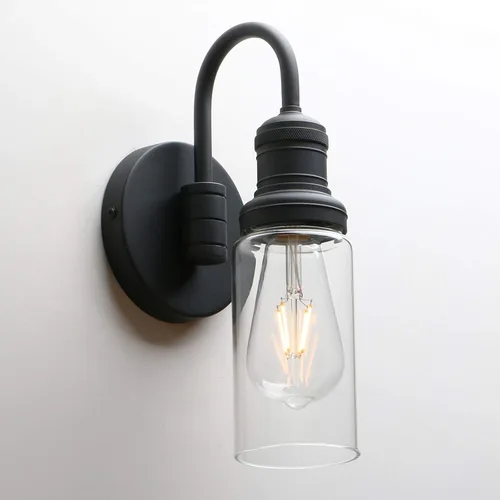 Miniatura 7 de PERMO Aplique industrial vintage negro con pantalla cilíndrica de vidrio transparente de 3.1 pulgadas, lámpara de montaje en pared para sala