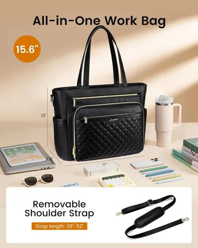 Miniatura 6 de LOVEVOOK: bolsa de mano para profesores con bolsillo de acordeón, maletín de trabajo de cuero PU suave acolchado, bolsa para laptop con portavasos