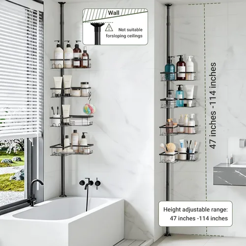 Miniatura 7 de ViviDreamore Poste de tensión de esquina para ducha, organizador de ducha de baño de acero inoxidable de 4 niveles, estantes de ducha ajustables