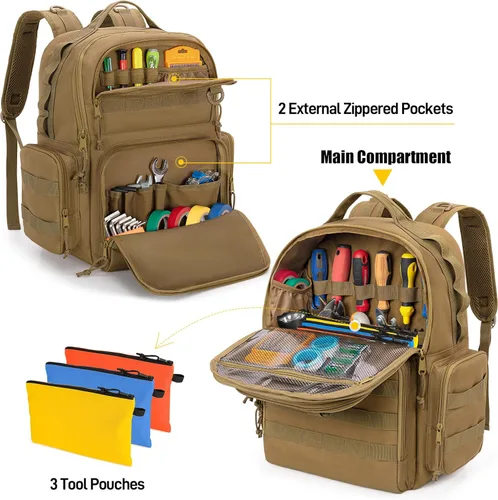 Miniatura 3 de Mochila de herramientas Rexmica para hombres con 3 bolsas de herramientas, bolsa organizadora de almacenamiento de herramientas resistente con Caqui
