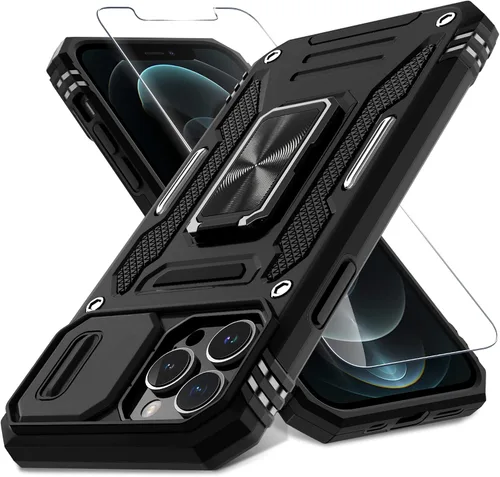 Miniatura 345 de DEERLAMN Funda para iPhone Xs Max con funda deslizante para cámara + protector de pantalla, soporte giratorio de anillo de grado militar a prueba