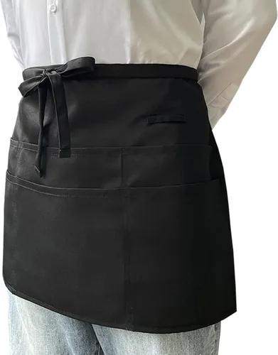 Miniatura 9 de Delantales de servidor negros con 6 bolsillos, delantal de cintura para camarero unisex, peluquero y limpiador