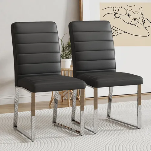 Juego de 2 sillas de comedor negras, modernas sillas de comedor de piel sintética, silla de cocina tapizada sin brazos con patas mentales plateadas,