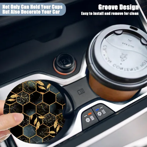 Miniatura 5 de Portavasos para automóvil, posavasos de cerámica absorbente con hojas de mármol negro, portavasos para bebidas, accesorios para automóviles