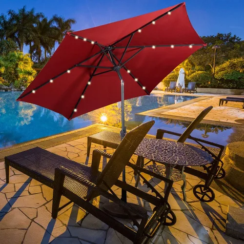 Miniatura 2 de Giantex Sombrilla de patio de 9 pies con luces solares, sombrilla de mesa para exteriores con botón de inclinación y manivela, para mercado, jardín