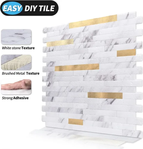 Miniatura 7 de Art3d - Azulejo para cocina, baño, 10 hojas despega y pega, color blanco adornado con metal dorado. Volakas Blanco + Metal Oro