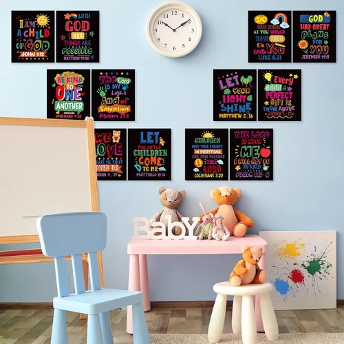Miniatura 4 de Cinrobiye 12 carteles con versículo bíblico para niños, arte de pared cristiano inspirador con citas de las Escrituras, decoración religiosa