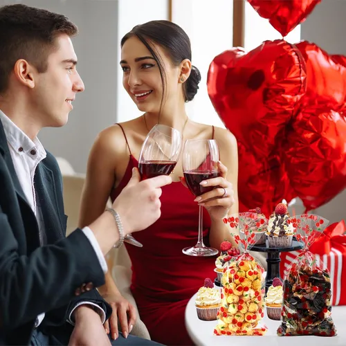 Miniatura 4 de Yexiya 100 bolsas transparentes de celofán de cerezas rojas para golosinas, bolsa de regalo con lazos de cinta, bolsas de plástico impresas