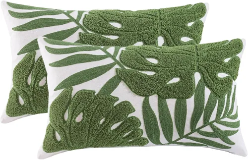 Miniatura 10 de Fundas de almohada bordadas de 18 x 18 pulgadas, paquete de 2 fundas de almohada azules botánicas tropicales con hojas tropicales, fundas de cojín