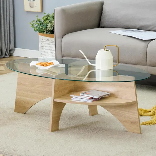 Miniatura 12 de LKTART Mesa auxiliar de vidrio, mesas auxiliares redondas de 23.5 pulgadas con superficie de vidrio templado cruzado y base de madera maciza, mesita