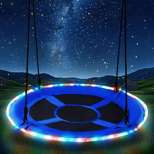 Trekassy Columpio de árbol de platillo de 40 pulgadas con luces LED para niños y adultos, al aire libre, 2 correas para colgar en árboles, color azul