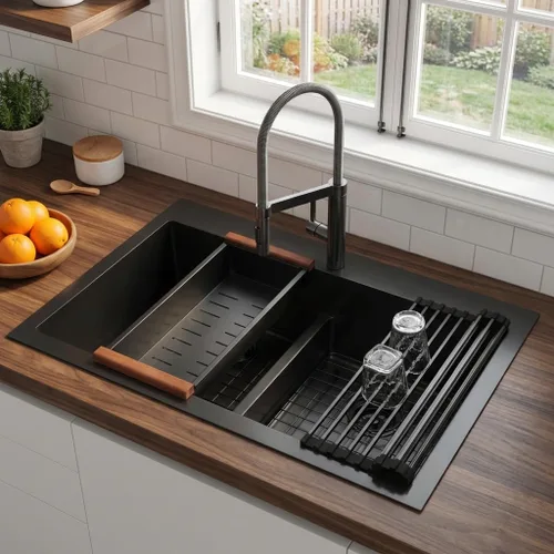Miniatura 26 de LQS Fregadero de cocina dorado de 32 x 18 pulgadas, fregaderos de cocina empotrados, fregaderos de acero inoxidable de doble tazón 50/50