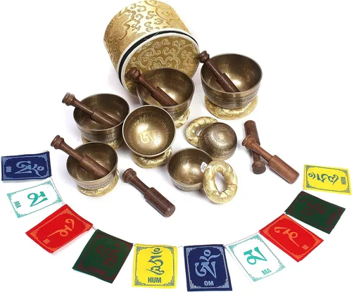Miniatura 3 de ESK-06 - Juego de 7 cuencos tibetanos de 3 a 5.2 pulgadas, cuenco cantor del Himalaya, hecho a mano, con cojines de seda, 7 palos, bandera y caja