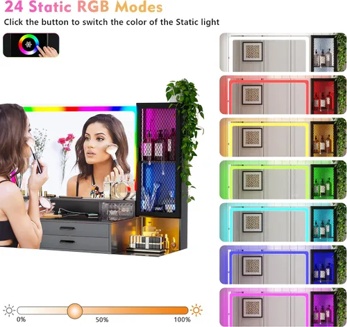 Miniatura 3 de Lvifur RGB Escritorio de Tocador - con Espejo y Luces, Juego de Mesa de Tocador con 7 Luces Dinámicas y 24 Estáticas Atenuables con Estación
