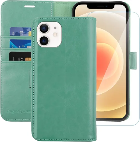 MONASAY Funda tipo cartera compatible con iPhone 11, de 6.1 pulgadas, protector de pantalla de cristal incluido, bloqueo RFID, funda de piel con
