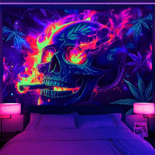 Miniatura 7 de Tapiz de calavera con luz negra, arte de pared de esqueleto reactivo a los rayos UV para dormitorio, pósteres de luz negra para adultos, tapiz