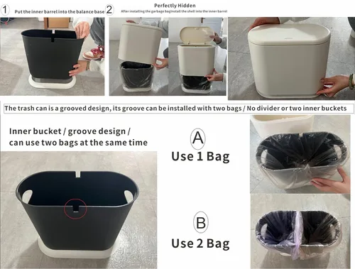 PENGKE Basurero delgado de plástico, cubo de basura de 2.7 galones con tapa superior de presión, cesta de basura moderna negra para baño, sala de