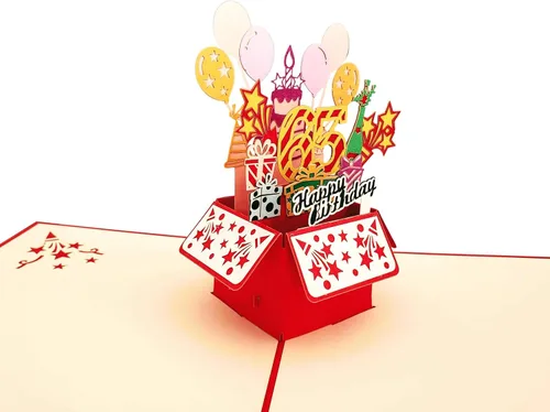 Miniatura 6 de iGifts And Cards Tarjeta de felicitación emergente 3D con caja de fiesta de cumpleaños número 65 color rojo de feliz 65 años – Sesenta y cinco