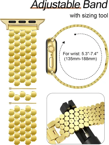 Miniatura 5 de JR.DM Bandas de Oro Compatibles con Apple Watch 38mm 40mm 41mm 42mm (S10/11) para Mujeres, Correa Elegante y Lujosa de Miel de Metal de Diseño