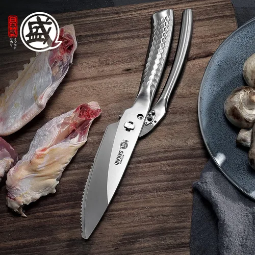 Miniatura 7 de MITSUMOTO SAKARI Tijeras de cocina japonesas de 10 pulgadas, tijeras de cocina chapadas de titanio plateado, resistentes, tijeras multiusos de acero
