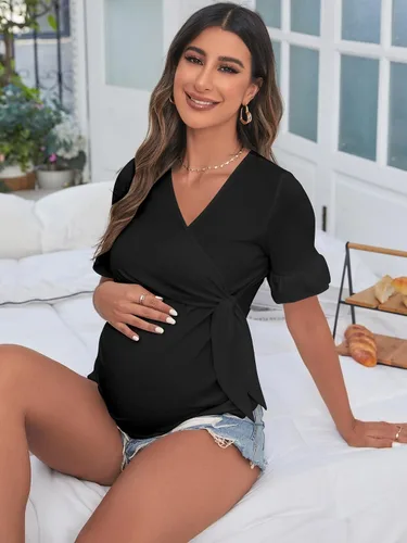 Miniatura 6 de SOLY HUX Women's Maternity Summer T Shirt Casual Ruffle Wrap V Neck Tie Front Pregnancy Tee Top