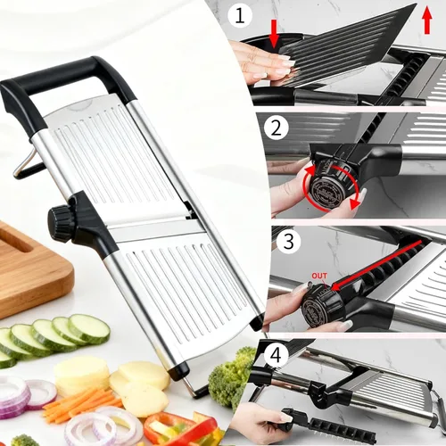 Miniatura 4 de Cortador de mandolina de alimentos, cortador de mandolina ajustable para cocina, picador de verduras de mandolina de acero inoxidable para Negro