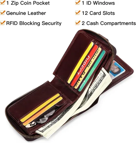 Miniatura 29 de GOIACII Cartera con cremallera para hombre, de piel auténtica, con bloqueo RFID, con cremallera, bolsillo para monedas, para identificación, con Café