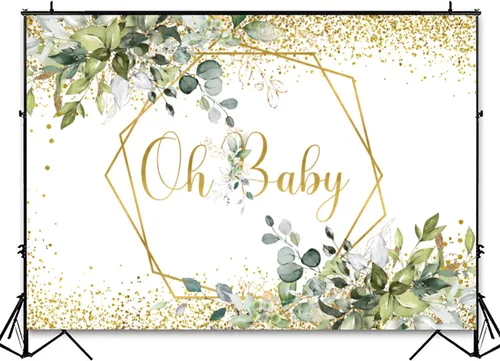Miniatura 3 de InMemory Greenery Oh Baby Shower - Telón de fondo con purpurina de eucalipto dorado neutro para baby shower, fondo de fotografía de hojas verdes
