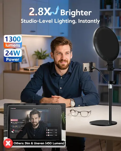 Miniatura 3 de Anillo de luz de 1300 lúmenes con soporte para escritorio, computadora y laptop, luz de podcast y transmisión con soporte flexible para teléfono